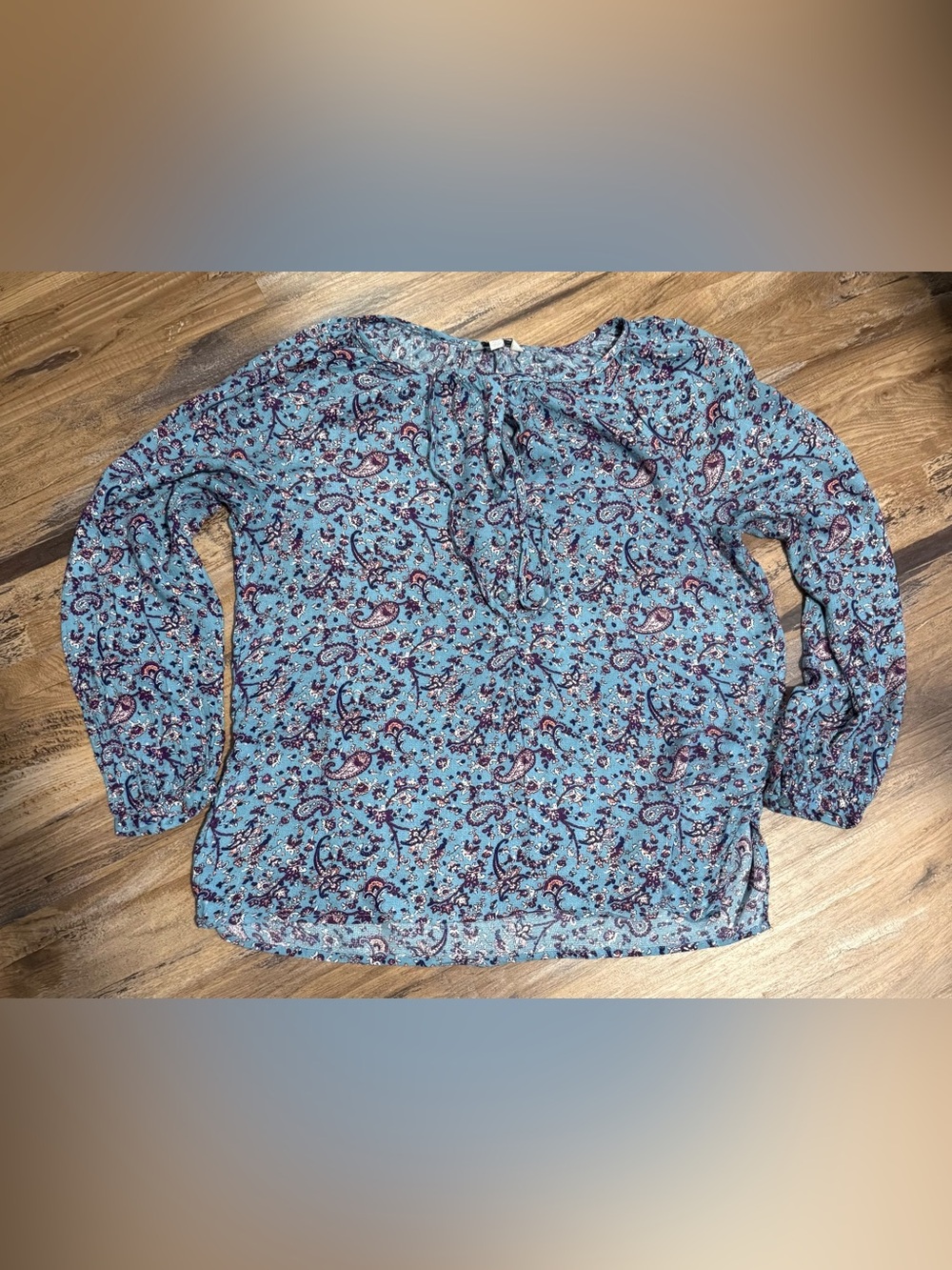 Lucky Brand Light Blue Paisley Tie-Neck Blouse